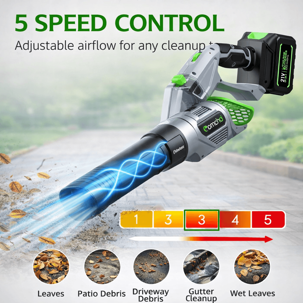 Comchoi Electric Leaf Blower Cordless - Five selectable speed modes