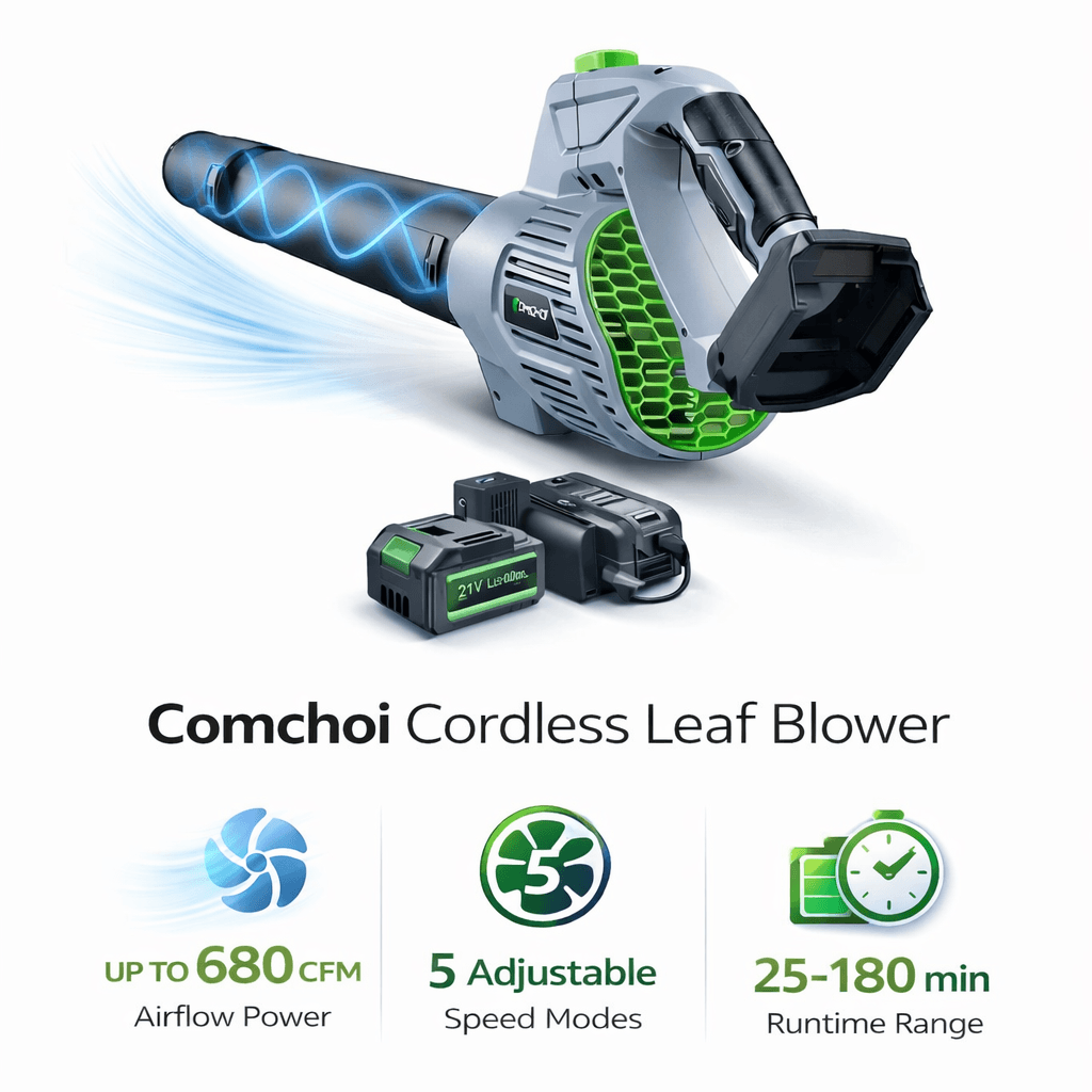 Comchoi Electric Leaf Blower Cordless — 680 CFM, 5 Speed, 2 Batteries & Charger