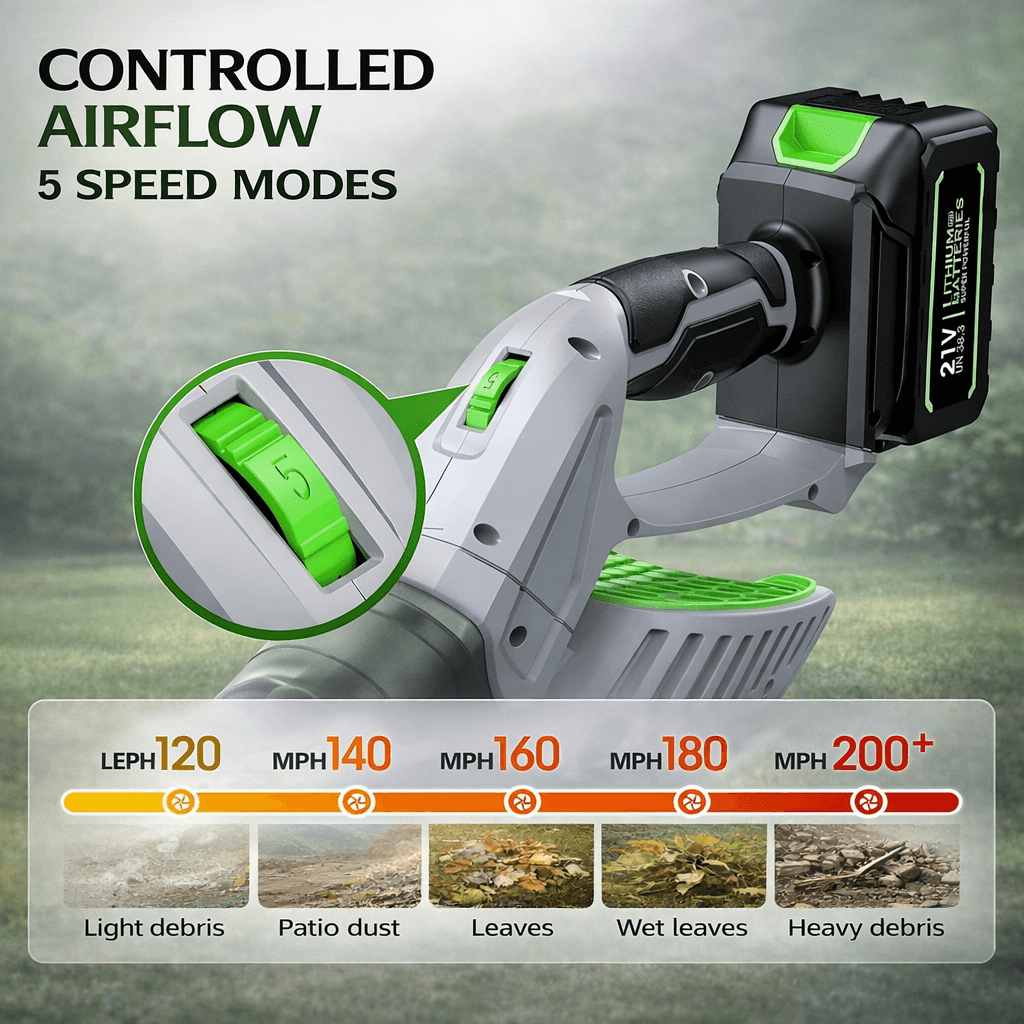 Comchoi Electric Leaf Blower Cordless - Controlled Airflow with Five Speed Modes