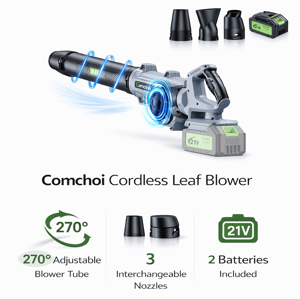 Cordless Leaf Blower — 500000 RPM Motor, 5 Speed Mode, 2×4.0Ah Batteries